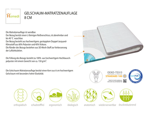 Homedi Matratzentopper 8 cm Höhe | Gel-Schaum-Matratzenauflage Gel-HR-Foam H2+